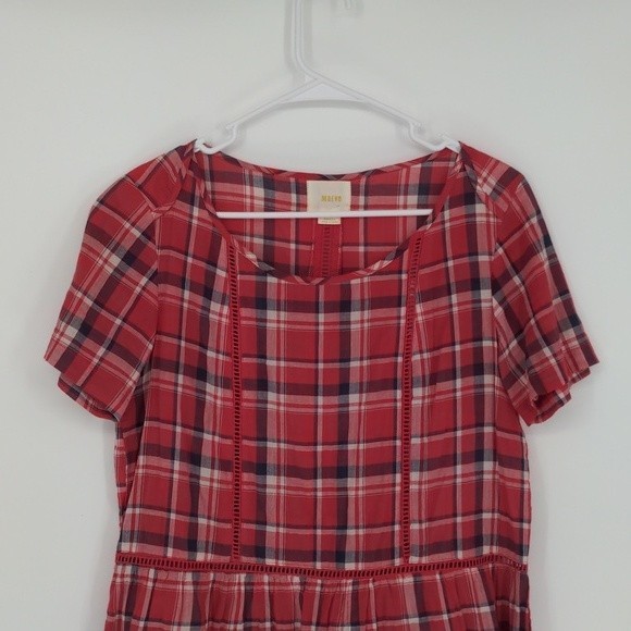 Maeve Red White Black Plaid‎ Short Sleeve Peplum Blouse Size Small - Picture 2 of 12